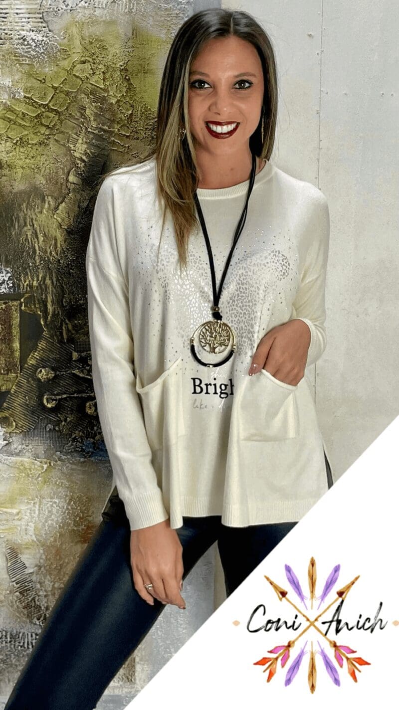 Sweater Algodón Spandex Mariposa Brillitos Bolsillos