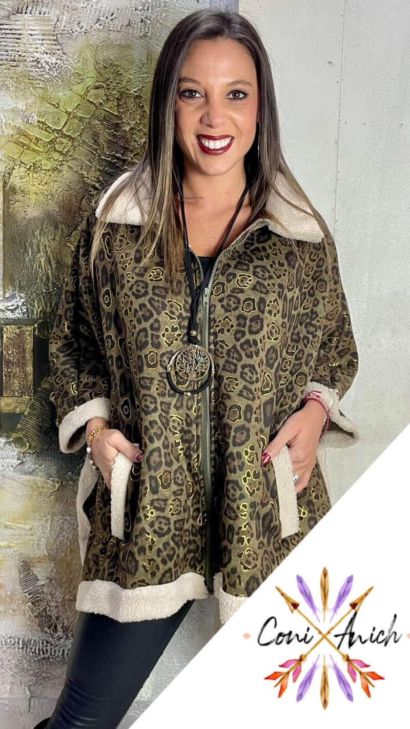 Poncho ITALY Gamuza Animal Print Chiporro Interior Bolsillos
