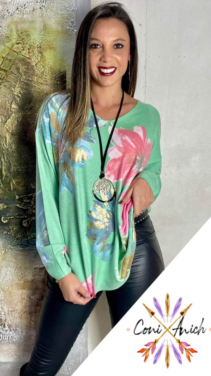 Sweater Algodón Spandex Flor Metalizada
