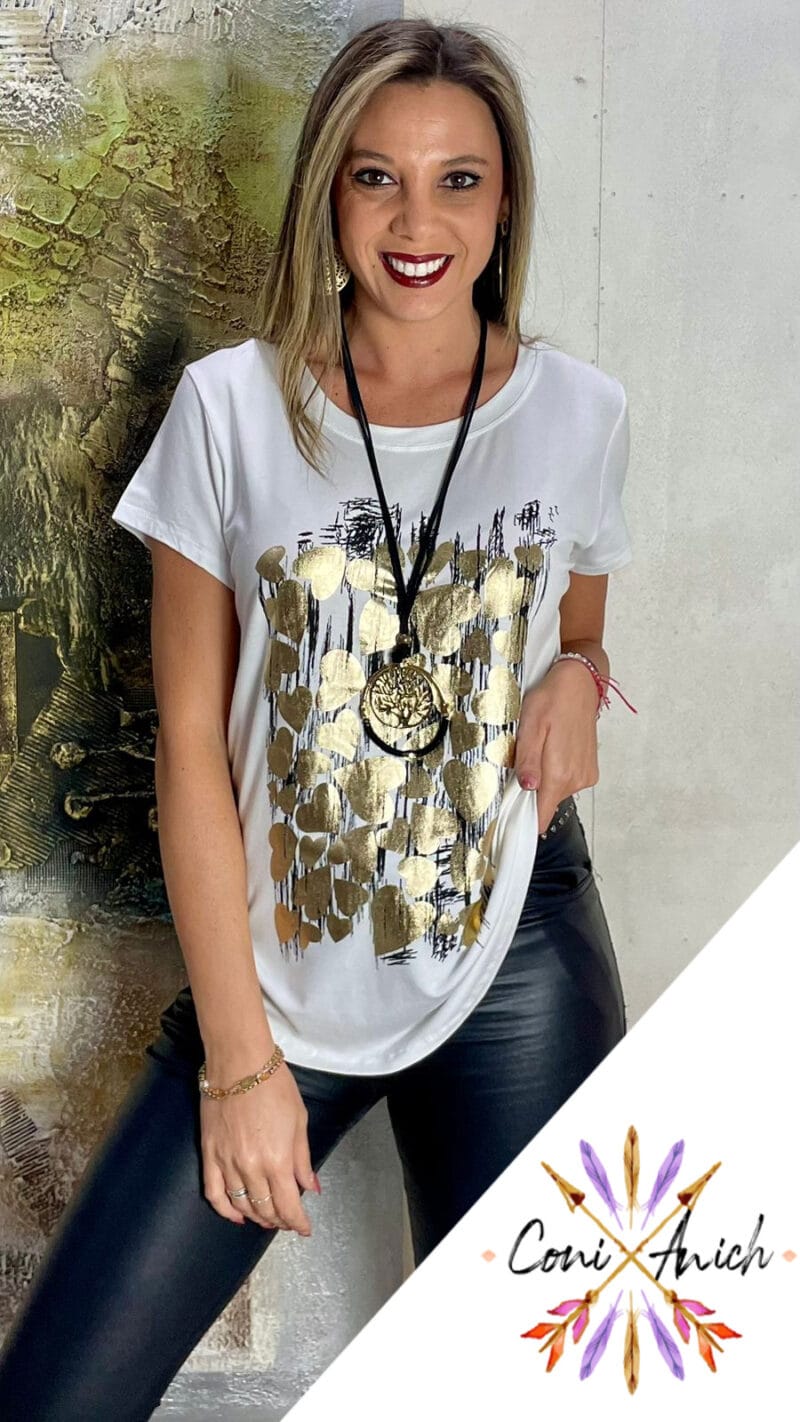Polera ITALY Algodón Corazones Dorados