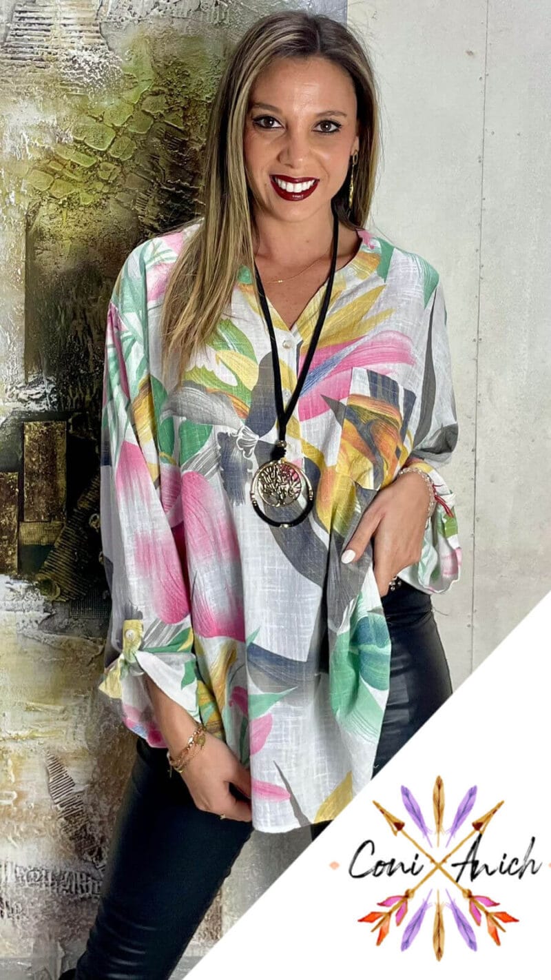 Blusa Bambula Floreada Bolsillo