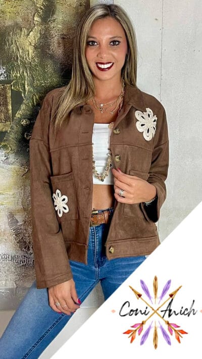 Chaqueta Gamuza Flores Bordadas