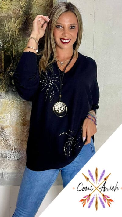 Sweater Algodón Spandex Tachas Manga Murciélago