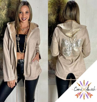 Chaqueta Gamuza Flor Espalda Capucha