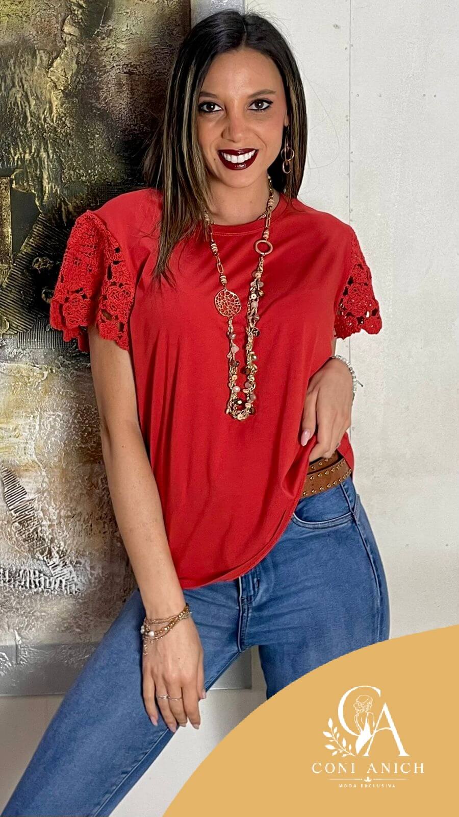 Polera Algodón Macramé Mangas