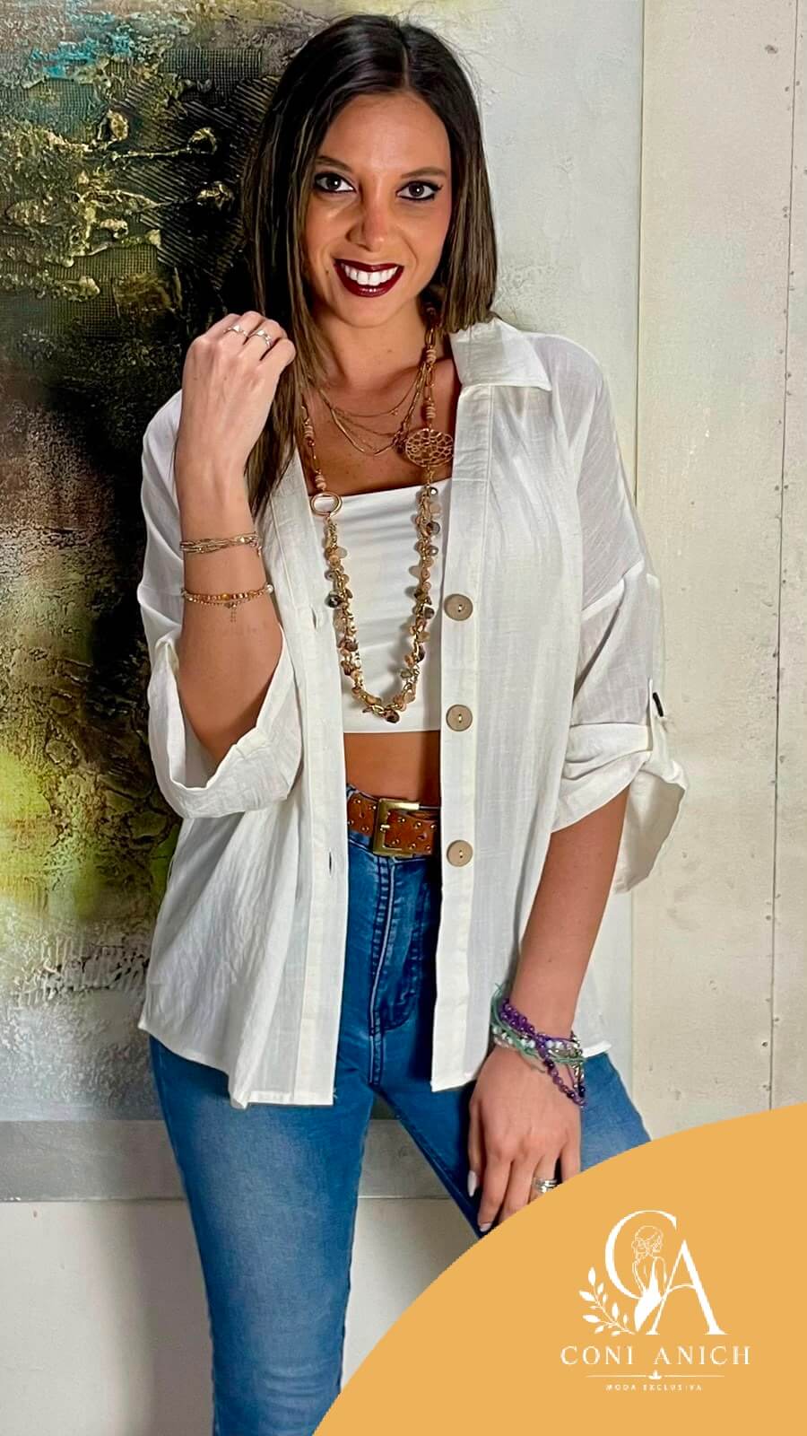 Blusa 100% lino cuello mao botones